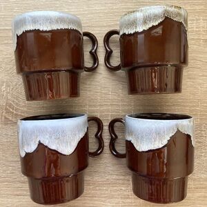 Set of 4 Brown Drip Glazed Mugs - MCM Made in Japan Mugs